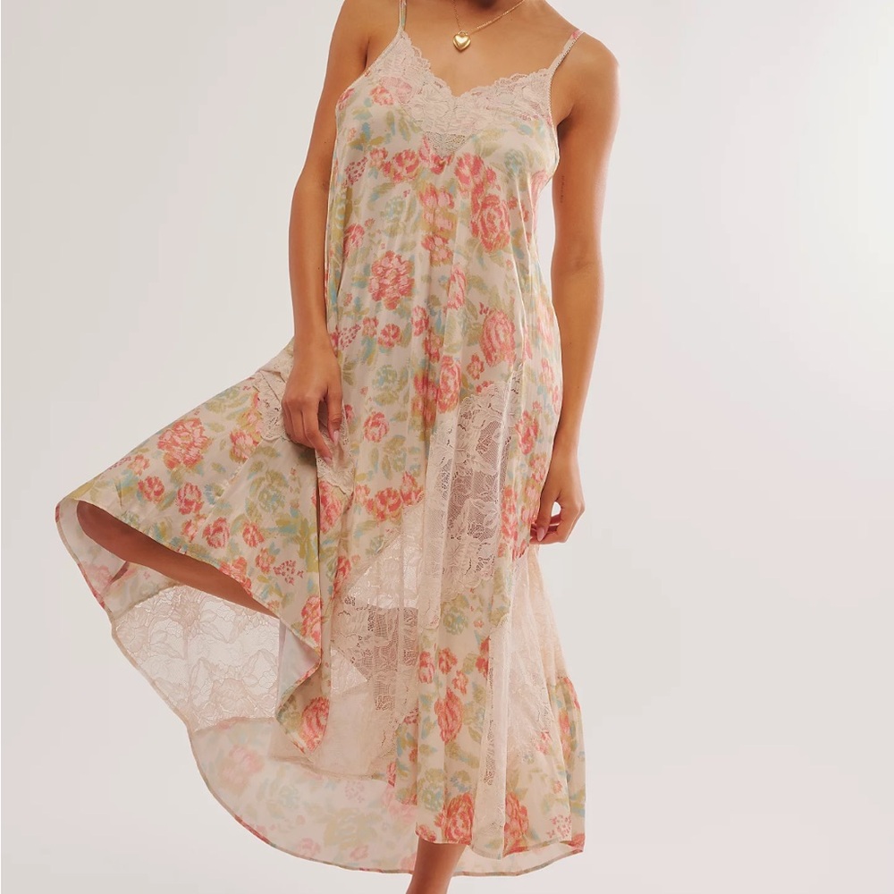 FREE PEOPLE First Date Printed Maxi Slip Dress Floral and Lace XL